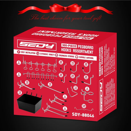 SEDY 300-piece pegboard hooks assortment with stainless steel peglocks, multiple sizes, bins for screws and small parts, fits standard 1/8" and 1/4" pegboards