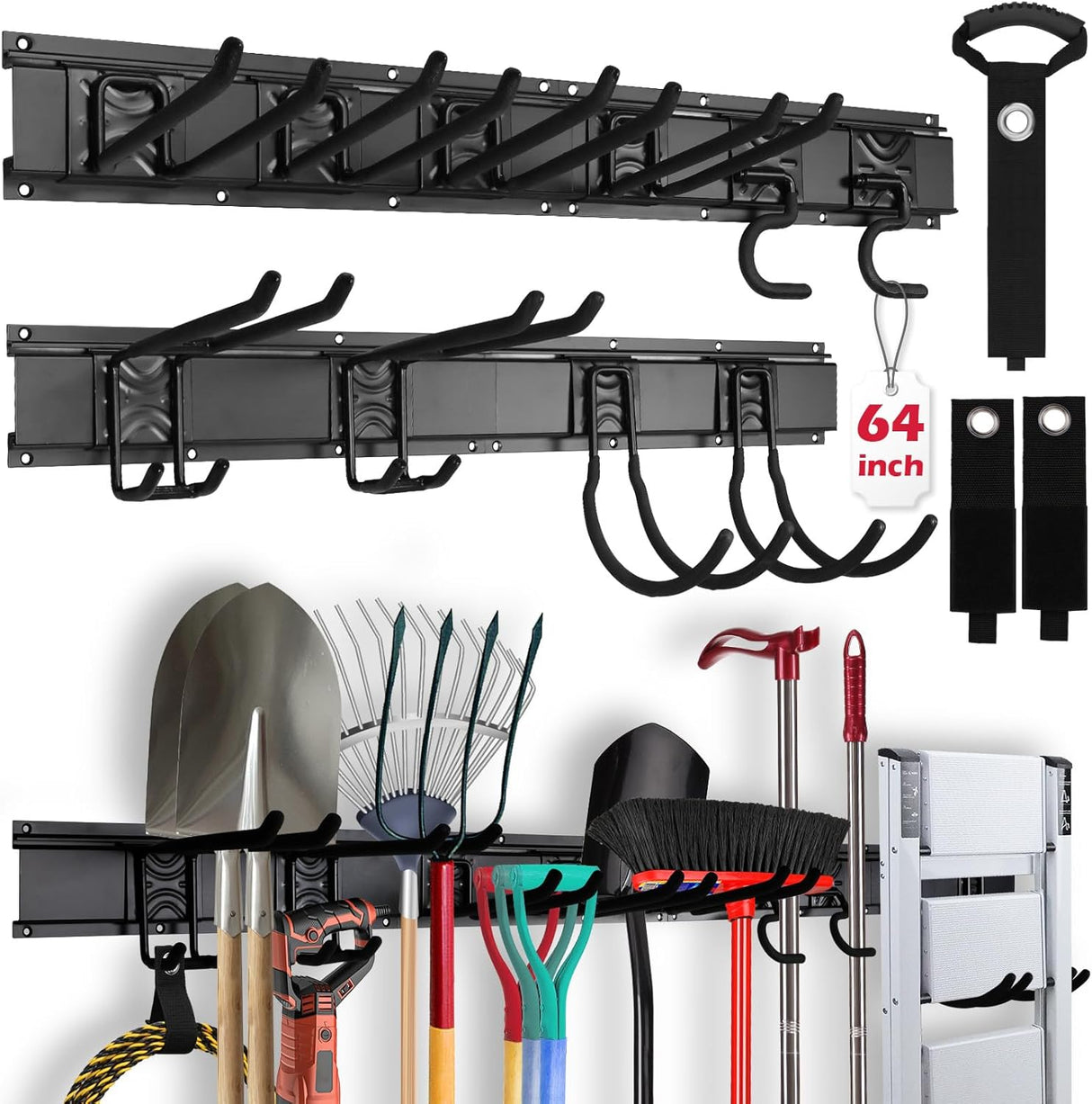 SEDY 64-inch wall-mounted garage tool storage rack with adjustable rubber-coated hooks and heavy-duty nylon extension straps for organizing rakes, shovels, and ladders