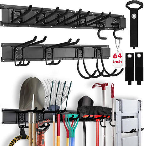 SEDY 64-inch wall-mounted garage tool storage rack with adjustable rubber-coated hooks and heavy-duty nylon extension straps for organizing rakes, shovels, and ladders