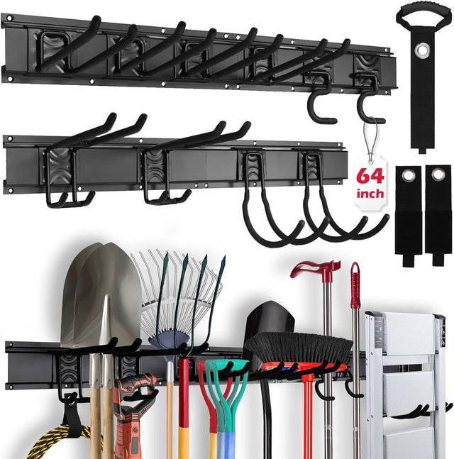 SEDY 64-inch wall-mounted garage tool storage rack with adjustable rubber-coated hooks and heavy-duty nylon extension straps for organizing rakes, shovels, and ladders