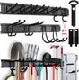SEDY 64-inch wall-mounted garage tool storage rack with adjustable rubber-coated hooks and heavy-duty nylon extension straps for organizing rakes, shovels, and ladders