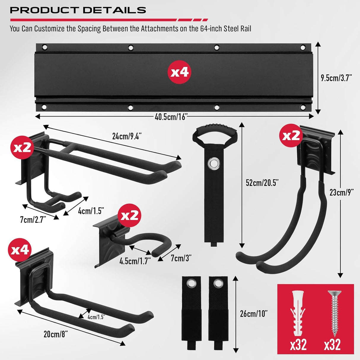 SEDY 64-inch wall-mounted garage tool storage rack with adjustable rubber-coated hooks and heavy-duty nylon extension straps for organizing rakes, shovels, and ladders
