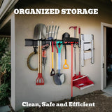SEDY 64-inch wall-mounted garage tool storage rack with adjustable rubber-coated hooks and heavy-duty nylon extension straps for organizing rakes, shovels, and ladders