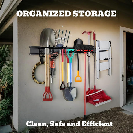 SEDY 64-inch wall-mounted garage tool storage rack with adjustable rubber-coated hooks and heavy-duty nylon extension straps for organizing rakes, shovels, and ladders