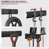 Wall-mounted tool organizer system with adjustable and fixed hooks for garage and garden tool storage