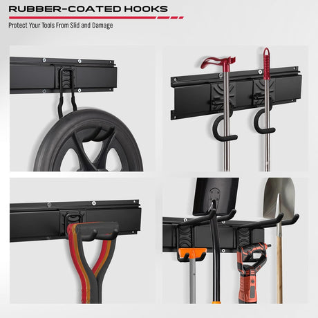 Wall-mounted tool organizer system with adjustable and fixed hooks for garage and garden tool storage