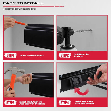 SEDY 64-inch wall-mounted garage tool storage rack with adjustable rubber-coated hooks and heavy-duty nylon extension straps for organizing rakes, shovels, and ladders