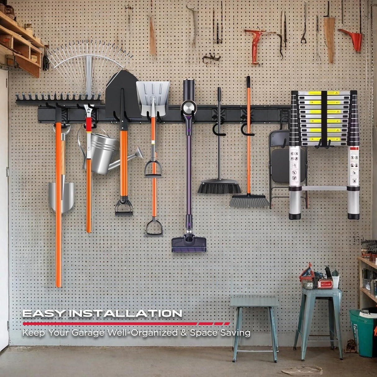 SEDY 64-inch wall-mounted garage tool storage rack with adjustable rubber-coated hooks and heavy-duty nylon extension straps for organizing rakes, shovels, and ladders