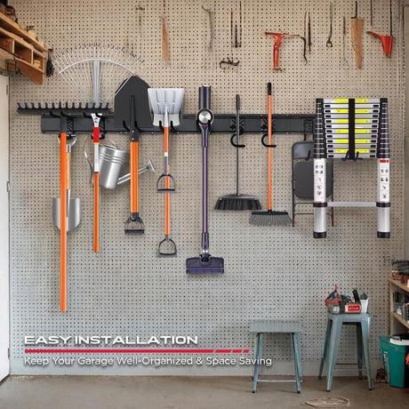 SEDY 64-inch wall-mounted garage tool storage rack with adjustable rubber-coated hooks and heavy-duty nylon extension straps for organizing rakes, shovels, and ladders