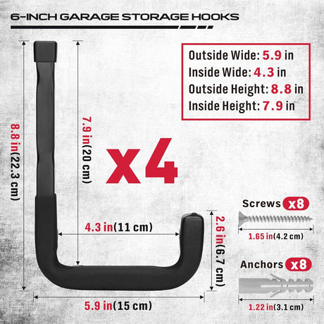 SEDY 6-inch heavy duty J utility wall mount garage hooks for bikes, ladders, and garden tools, holds up to 88LB