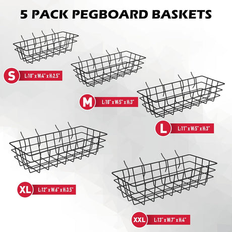 SEDY pegboard wire basket set for garage wall storage, metal bins for tools, craft supplies, and home organization