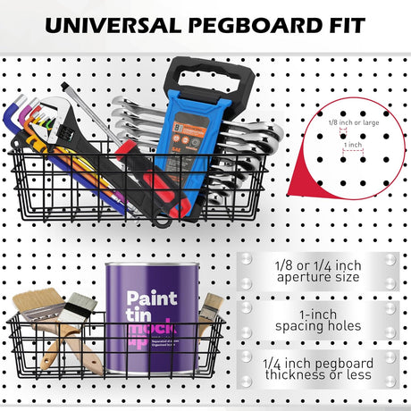 SEDY pegboard wire basket set for garage wall storage, metal bins for tools, craft supplies, and home organization