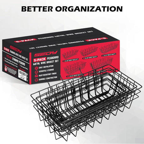 SEDY pegboard wire basket set for garage wall storage, metal bins for tools, craft supplies, and home organization