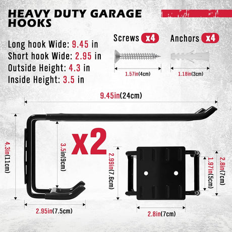 Heavy Duty Garage Storage Hooks, Wall Mount, Non-Slip PVC Coating, Maximum Load Capacity 55LBS/25KG - Set of 2