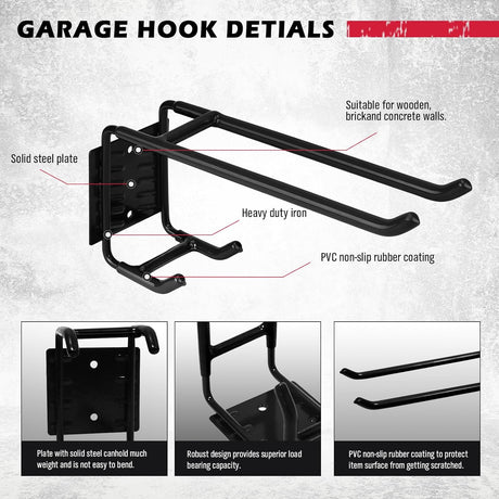 Heavy Duty Garage Storage Hooks, Wall Mount, Non-Slip PVC Coating, Maximum Load Capacity 55LBS/25KG - Set of 2