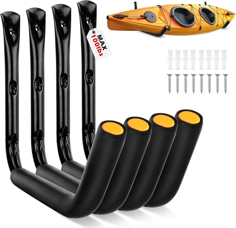 Heavy-duty  garage storage hooks set of 4 with rubber coating, wall-mount design, ideal for ladders, bikes, kayaks, and tools
