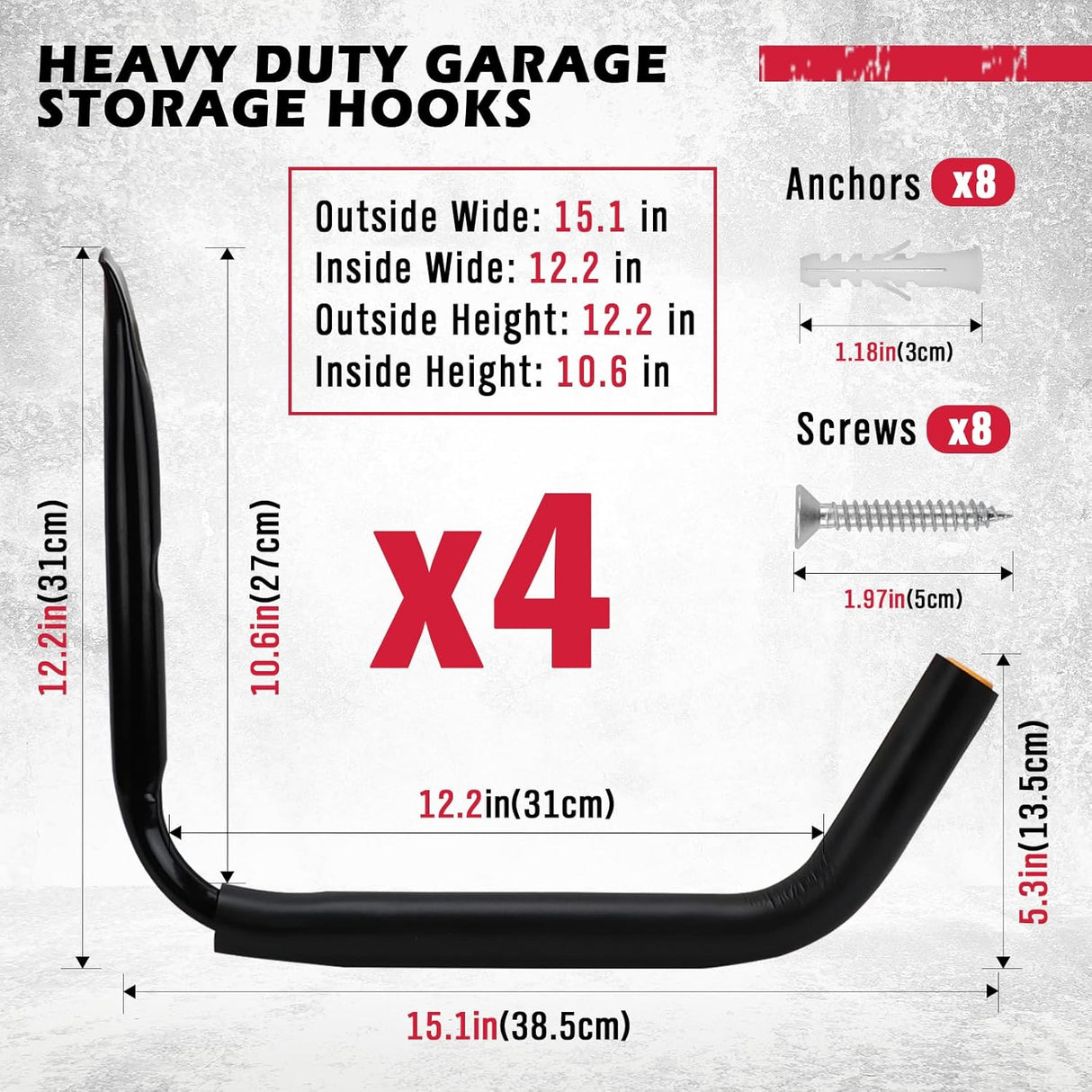Heavy-duty  garage storage hooks set of 4 with rubber coating, wall-mount design, ideal for ladders, bikes, kayaks, and tools