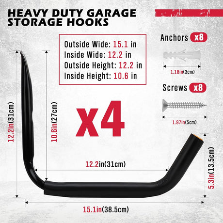 Heavy-duty  garage storage hooks set of 4 with rubber coating, wall-mount design, ideal for ladders, bikes, kayaks, and tools