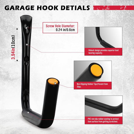 Heavy-duty  garage storage hooks set of 4 with rubber coating, wall-mount design, ideal for ladders, bikes, kayaks, and tools