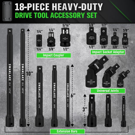 18-piece Impact Socket Extension Set Tools, Swivel Universal Joint, Deep 1/4", 3/8", 1/2" Drive Socket Adapter, Extension Bar, 3 Ratchet Coupler, CR-V Steel Alloy Corrosion-Resistant Mechanic Tools