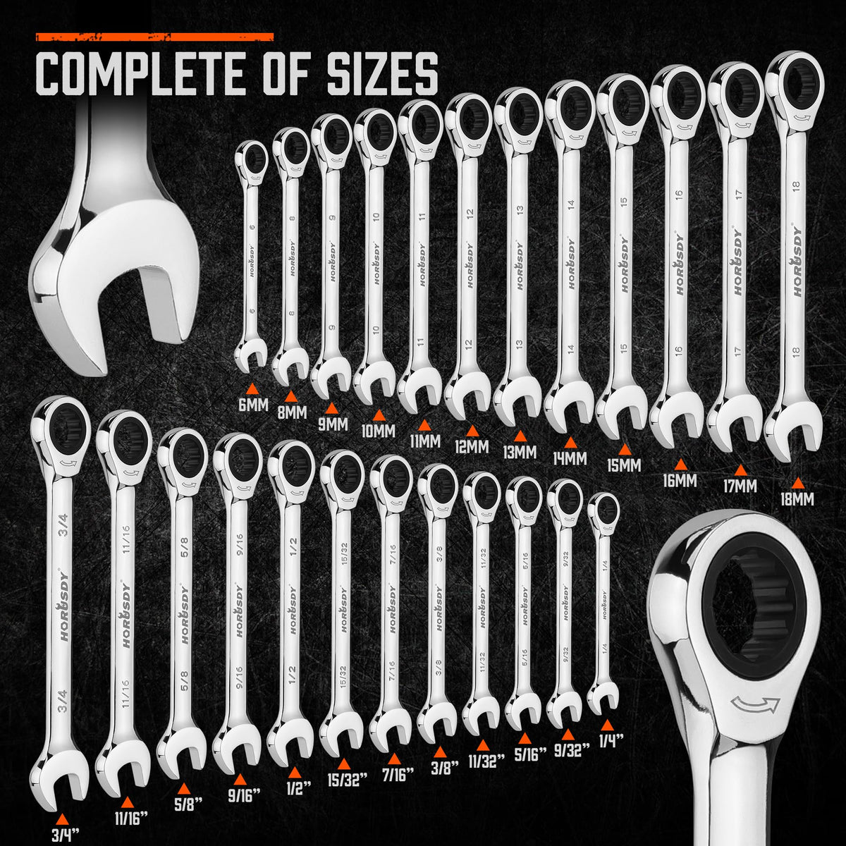 HORUSDY 24-Piece Ratcheting Wrench Set | Metric and SAE | Ratchet Combination Wrenches Set with Organizer | 72-Tooth | Chrome Vanadium Steel | 6-18 mm & 1/4” to 3/4“ (24-Piece)