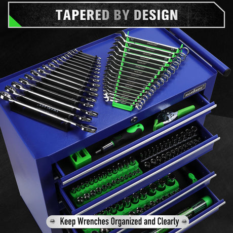 Magnetic Wrench Organizer 2-Piece, 32-Slot Drawer Storage, SAE (1/4" to 1-1/16"), Metric (6mm to 24mm), Green and Black