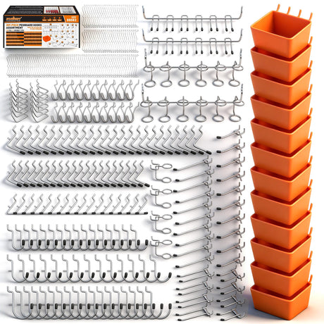 HORUSDY 309 PCS Pegboard Hooks Assortment Kit – 17 Types Heavy Duty Peg Board Hooks & Organizer Accessories – Fits 1/8 & 1/4 Inch Pegboard Durable Metal Wall Hooks for Garage Kitchen Workshop