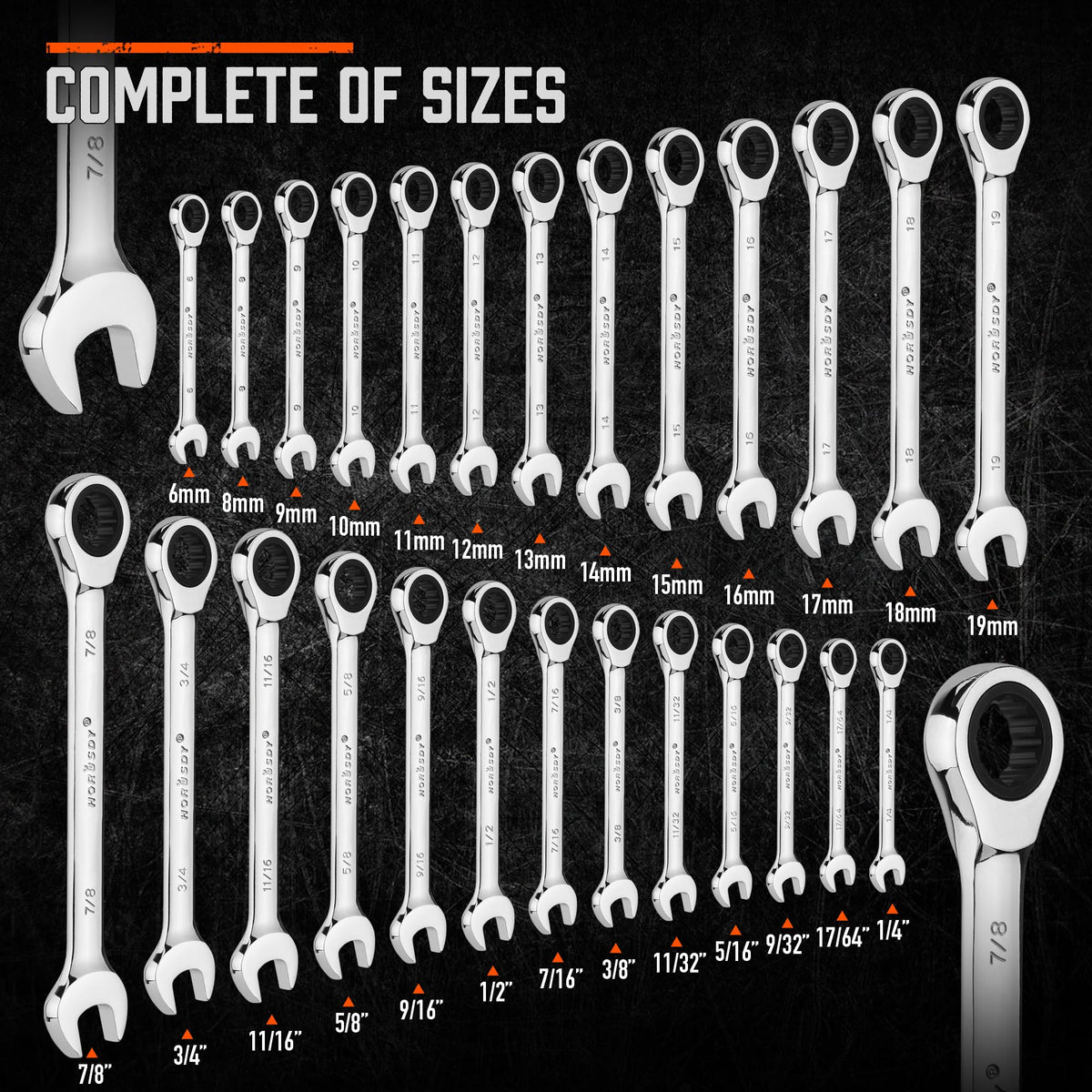 HORUSDY 26-Piece Ratcheting Wrench Set | Metric and SAE (6-19 mm & 1/4” to 3/4“) | Ratchet Combination Wrenches Set with Organizer | 72-Tooth | Chrome Vanadium Steel