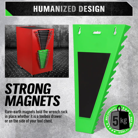 Magnetic Wrench Organizer 2-Piece, 32-Slot Drawer Storage, SAE (1/4" to 1-1/16"), Metric (6mm to 24mm), Green and Black