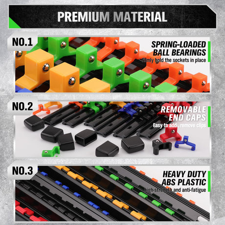 SWANLAKE Socket Organizer Set 18-Piece, 1/4-Inch x 96 Clips, 3/8-Inch x 90 Clips, 1/2-Inch x 72 Clips, Socket Organizer for Tool Box Drawer, Drive Socket Trays, Socket Holder Clip Rail