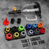 18-Piece No Spill Engine Oil Funnel Kit, 1.59QT/ 1.5L Automotive Coolant Funnel Set, 12 Adapters, Elbow Fitting, Arrow Screen & Magnetic Tray, Compatible with GM, Ford, BMW, Audi, Land Rover Etc