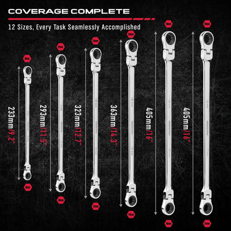 Extra Long Flex-Head Ratcheting Wrench Set, Anti-Slip 6-Piece Double Box End Wrench Set, 72-Teeth, Metric 8-19mm, CR-V Steel Wrench with Rolling Pouch