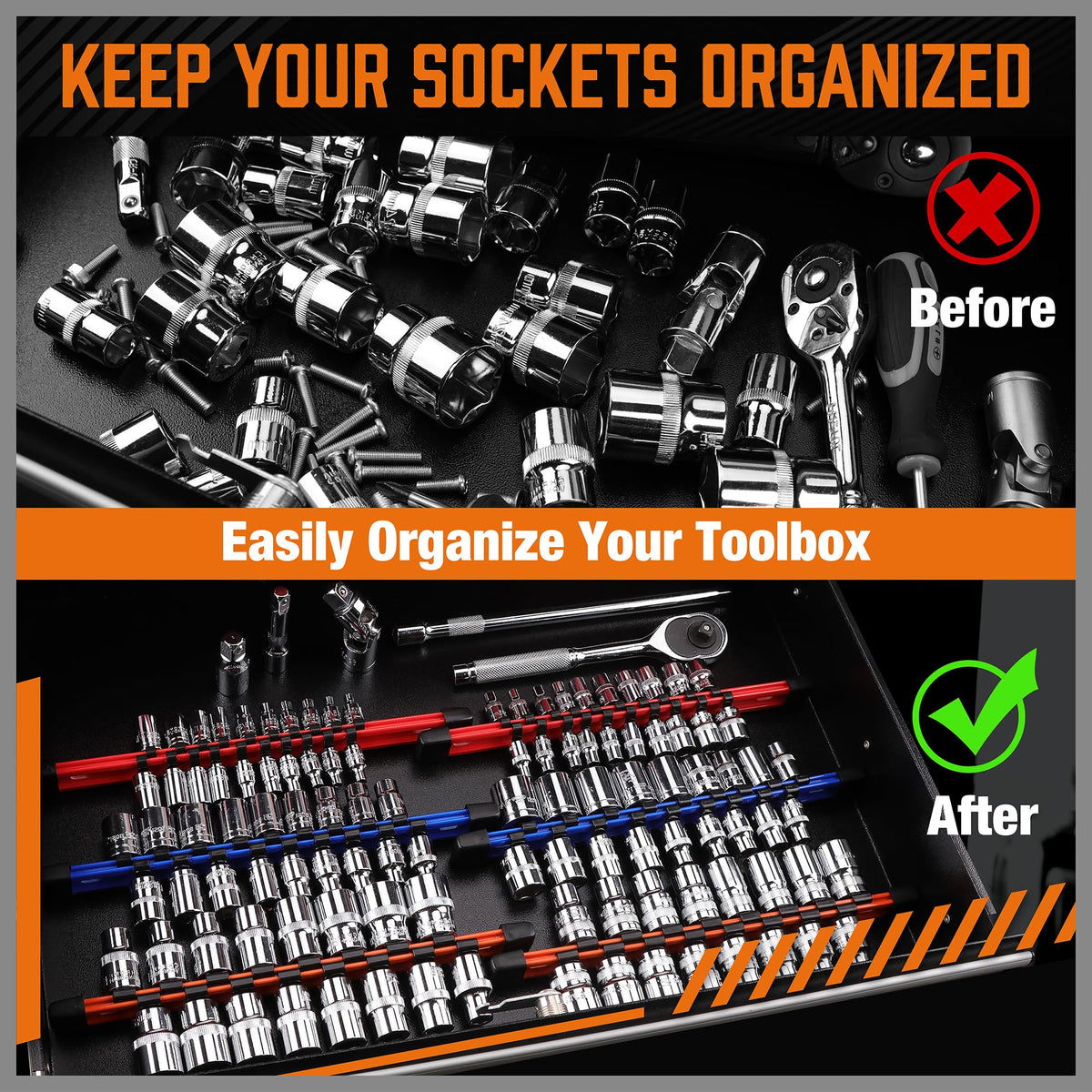 HORUSDY 6Pcs Double Sided Socket Organizer, 1/4-Inch, 3/8-Inch, 1/2-Inch, Premium Quality Socket Holders (6Pcs Double Sided Socket Organizer)