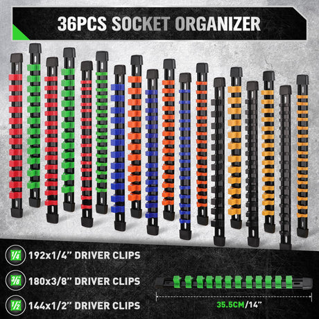 SWANLAKE 36-Piece Socket Organizer, 1/4-Inch x 192 Clips, 3/8-Inch x 180 Clips, 1/2-Inch x 144 Clip, Socket Holder Clip Rail, Drive Sockets Trays for Tool Box Drawer