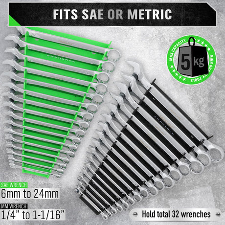 Magnetic Wrench Organizer 2-Piece, 32-Slot Drawer Storage, SAE (1/4" to 1-1/16"), Metric (6mm to 24mm), Green and Black