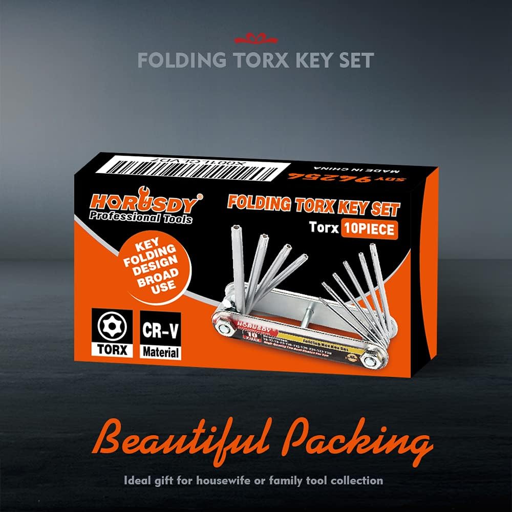 HORUSDY 10-piece folding Torx key wrench set with CR-V steel, T6 to T30 sizes, tamper-resistant drilled tips, and compact folding design