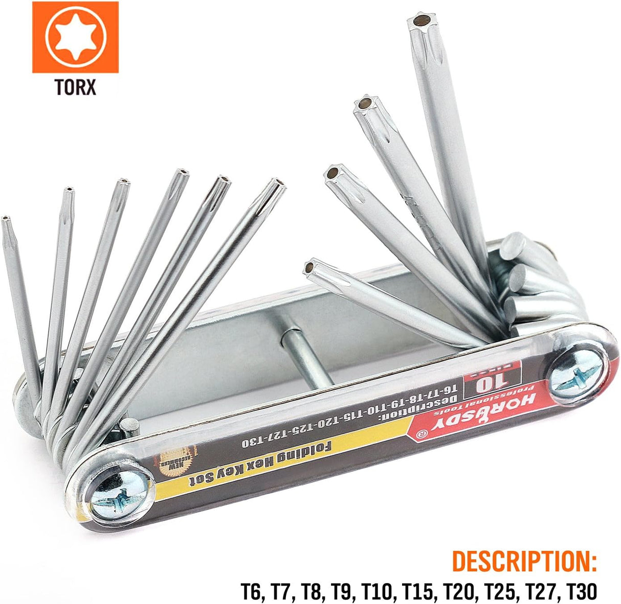 HORUSDY 10-piece folding Torx key wrench set with CR-V steel, T6 to T30 sizes, tamper-resistant drilled tips, and compact folding design