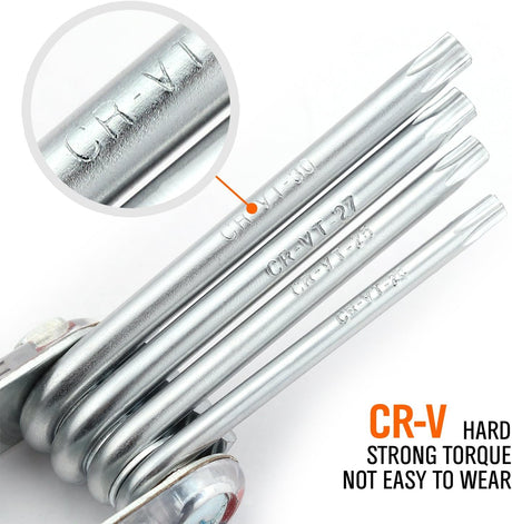 HORUSDY 10-piece folding Torx key wrench set with CR-V steel, T6 to T30 sizes, tamper-resistant drilled tips, and compact folding design