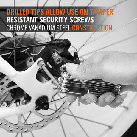 HORUSDY 10-piece folding Torx key wrench set with CR-V steel, T6 to T30 sizes, tamper-resistant drilled tips, and compact folding design