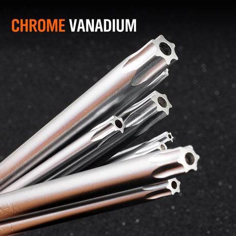 HORUSDY 10-piece folding Torx key wrench set with CR-V steel, T6 to T30 sizes, tamper-resistant drilled tips, and compact folding design