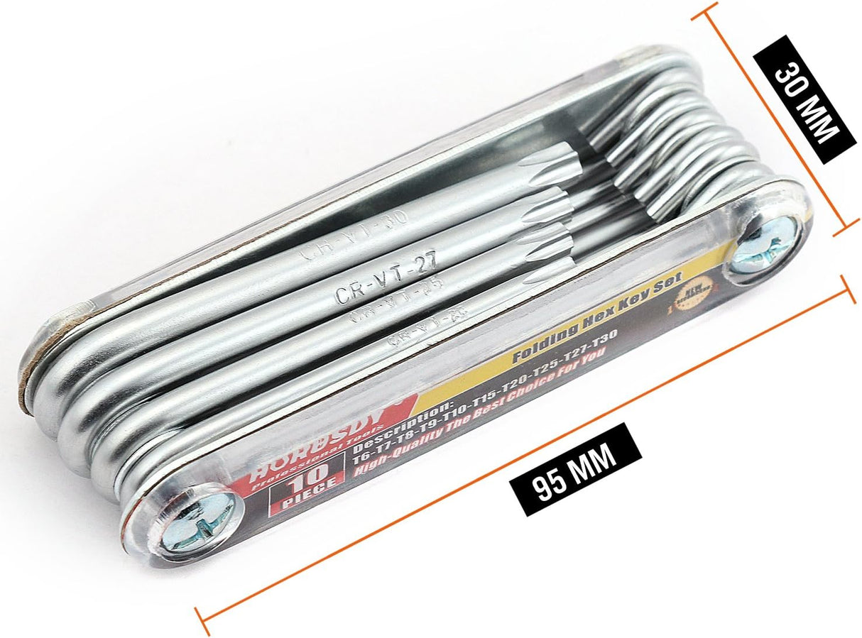 HORUSDY 10-piece folding Torx key wrench set with CR-V steel, T6 to T30 sizes, tamper-resistant drilled tips, and compact folding design