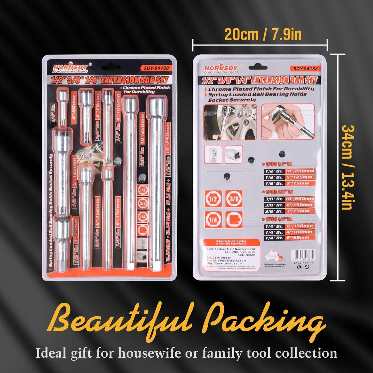 HORUSDY 9-piece extension bar set for socket wrench with 1/4", 3/8", and 1/2" drive sizes, chrome-plated and knurled for grip