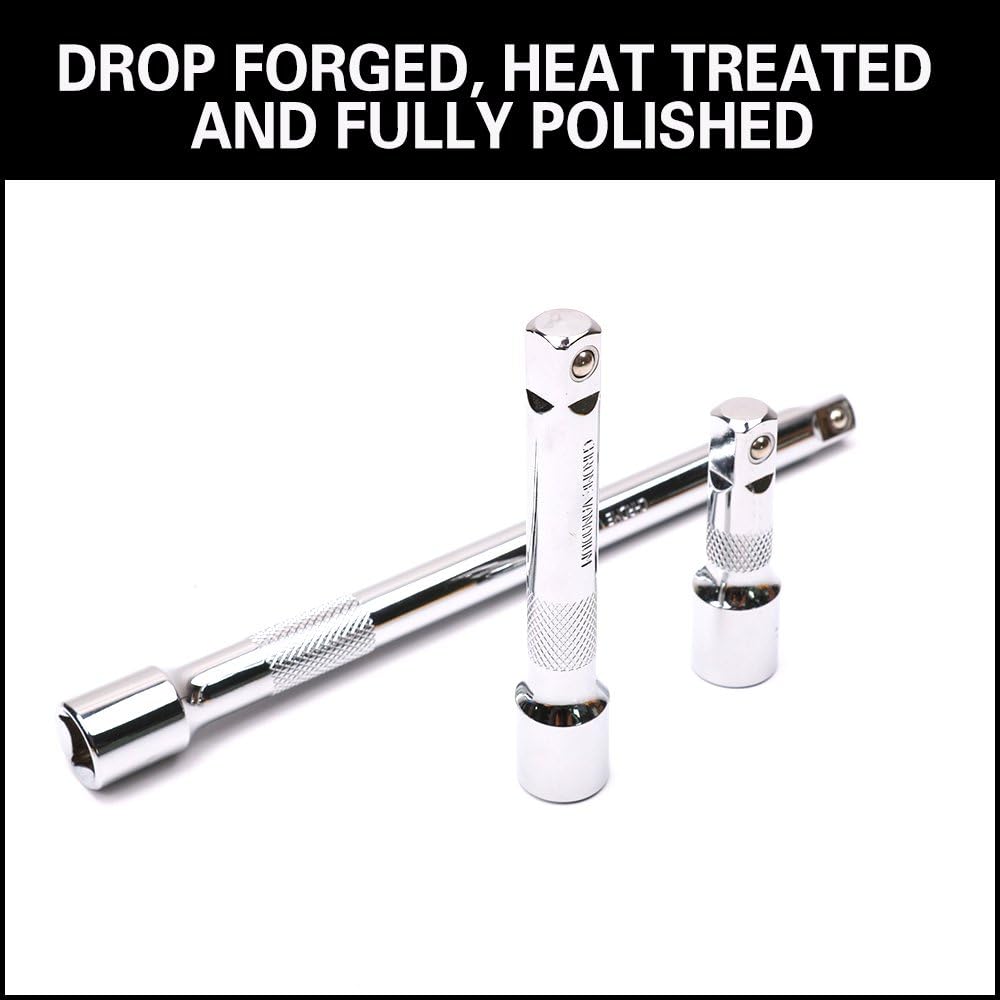 HORUSDY 9-piece extension bar set for socket wrench with 1/4", 3/8", and 1/2" drive sizes, chrome-plated and knurled for grip
