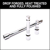 HORUSDY 9-piece extension bar set for socket wrench with 1/4", 3/8", and 1/2" drive sizes, chrome-plated and knurled for grip