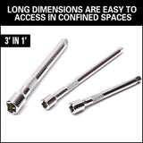 HORUSDY 9-piece extension bar set for socket wrench with 1/4", 3/8", and 1/2" drive sizes, chrome-plated and knurled for grip