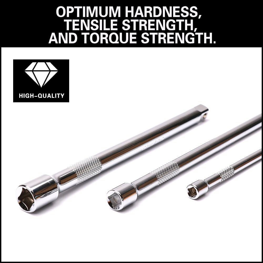 HORUSDY 9-piece extension bar set for socket wrench with 1/4", 3/8", and 1/2" drive sizes, chrome-plated and knurled for grip