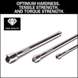HORUSDY 9-piece extension bar set for socket wrench with 1/4", 3/8", and 1/2" drive sizes, chrome-plated and knurled for grip