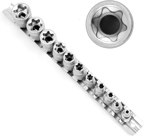 HORUSDY 11-piece E-type star socket set with chrome vanadium construction, 1/4” and 3/8” drive, organized on metal rail for automotive and mechanical work.