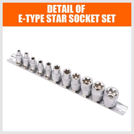 HORUSDY 11-piece E-type star socket set with chrome vanadium construction, 1/4” and 3/8” drive, organized on metal rail for automotive and mechanical work.