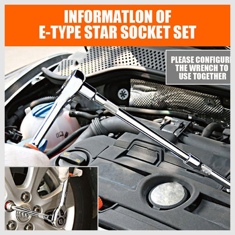 HORUSDY 11-piece E-type star socket set with chrome vanadium construction, 1/4” and 3/8” drive, organized on metal rail for automotive and mechanical work.